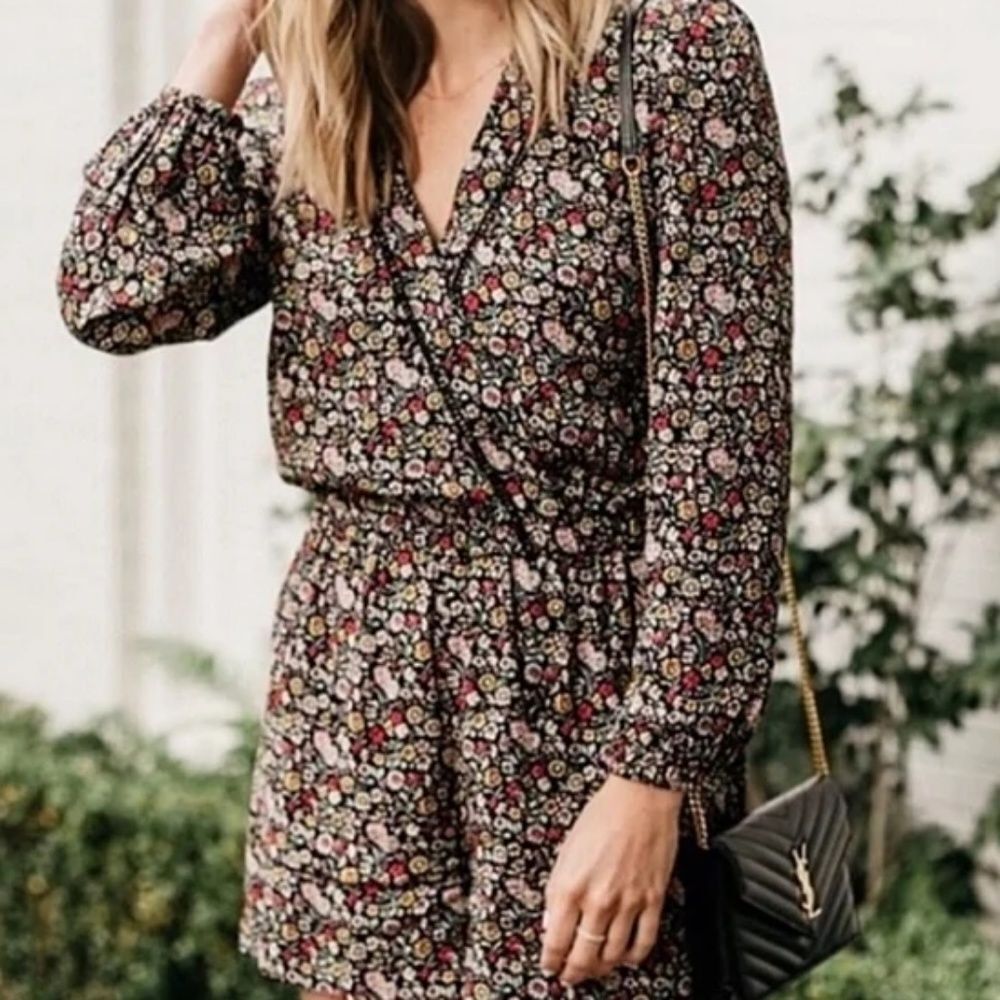 LOFT Black Floral Long-Sleeve Romper